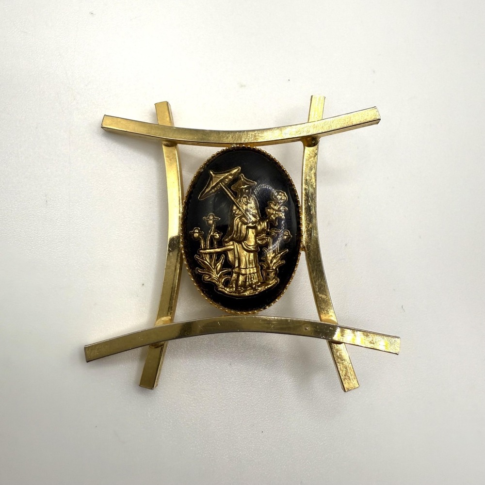 Gold Tone Asian Lady Parasol Black Oval Cameo Brooch Pin Chinoiserie‎ Large